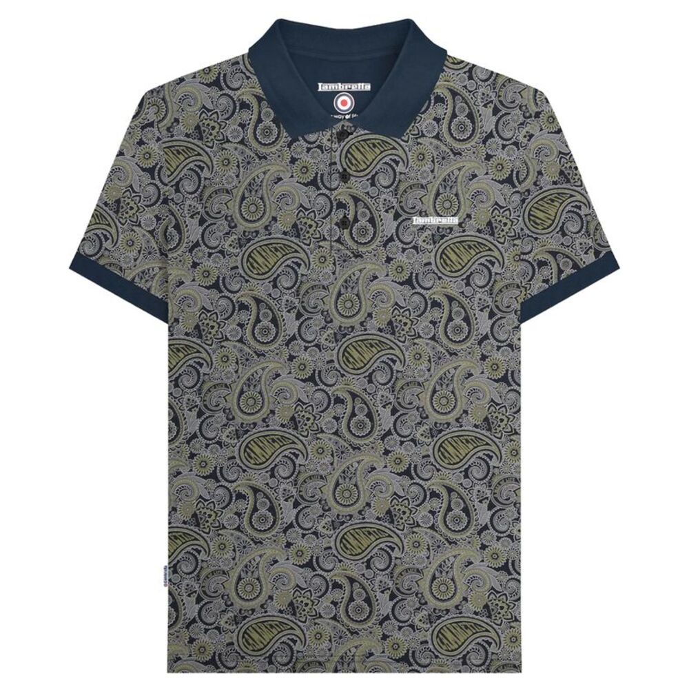 Lambretta Mens SS25 Paisley Branded Polo Shirt / Navy/Gray